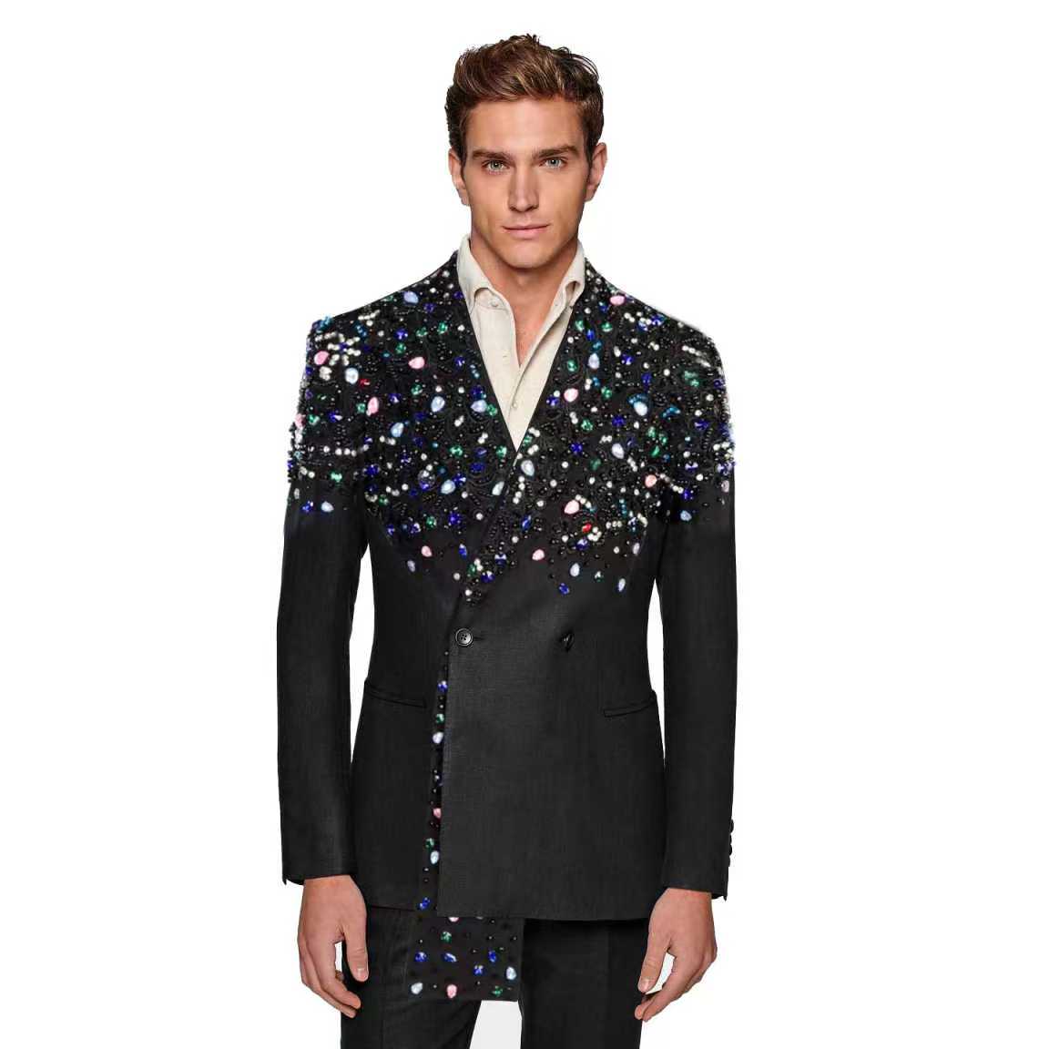 Black Men Suit Set 2 Pieces Cr - Formal Wear Jersey For Men 评论和价格