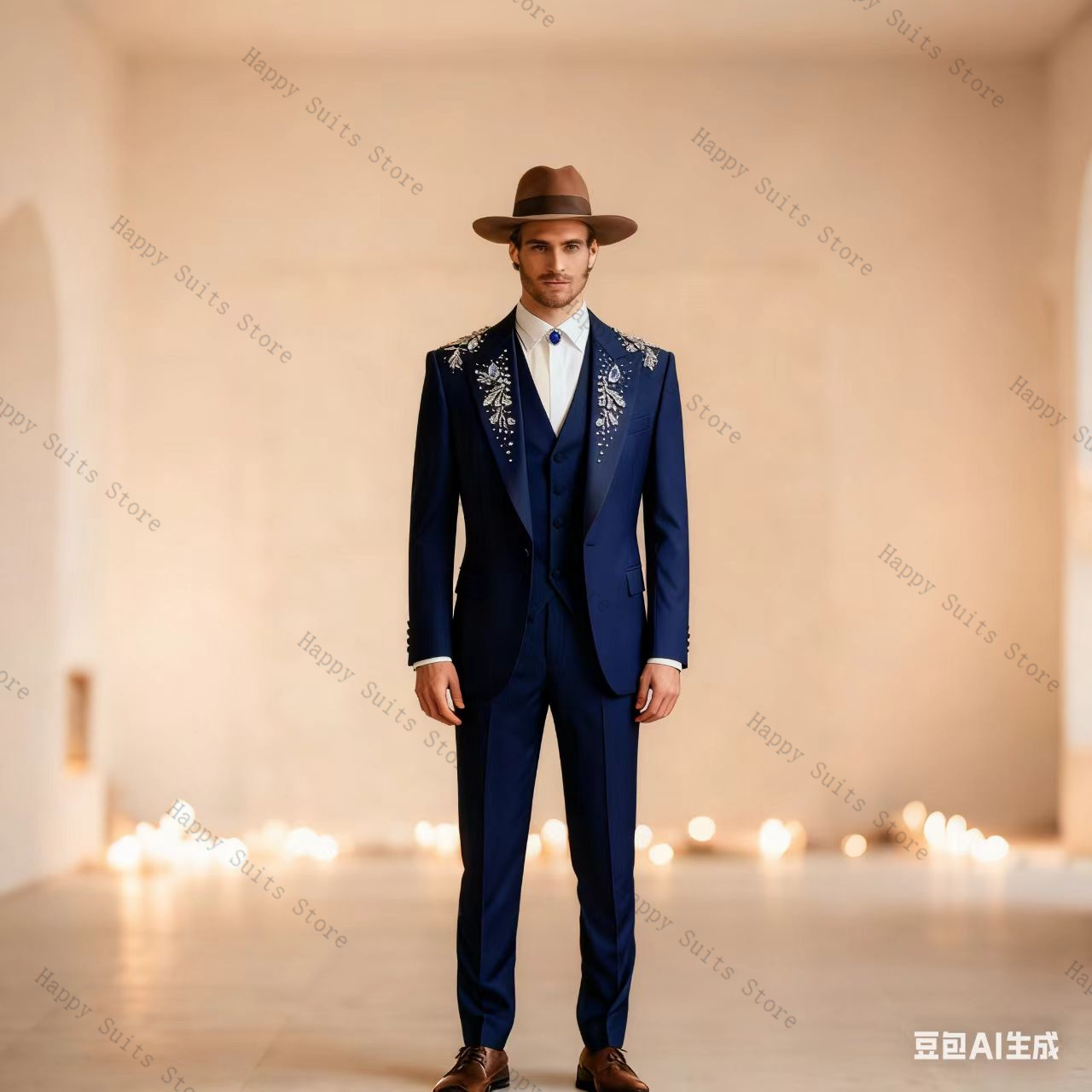 Blue Crystals Men Suit Set 3 P - Formal Wear Jersey For Men 评论和价格