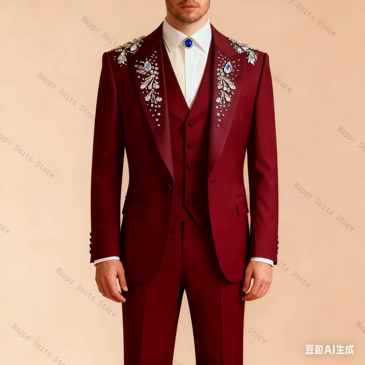 Blue Crystals Men Suit Set 3 P - Formal Wear Jersey For Men 评论和价格