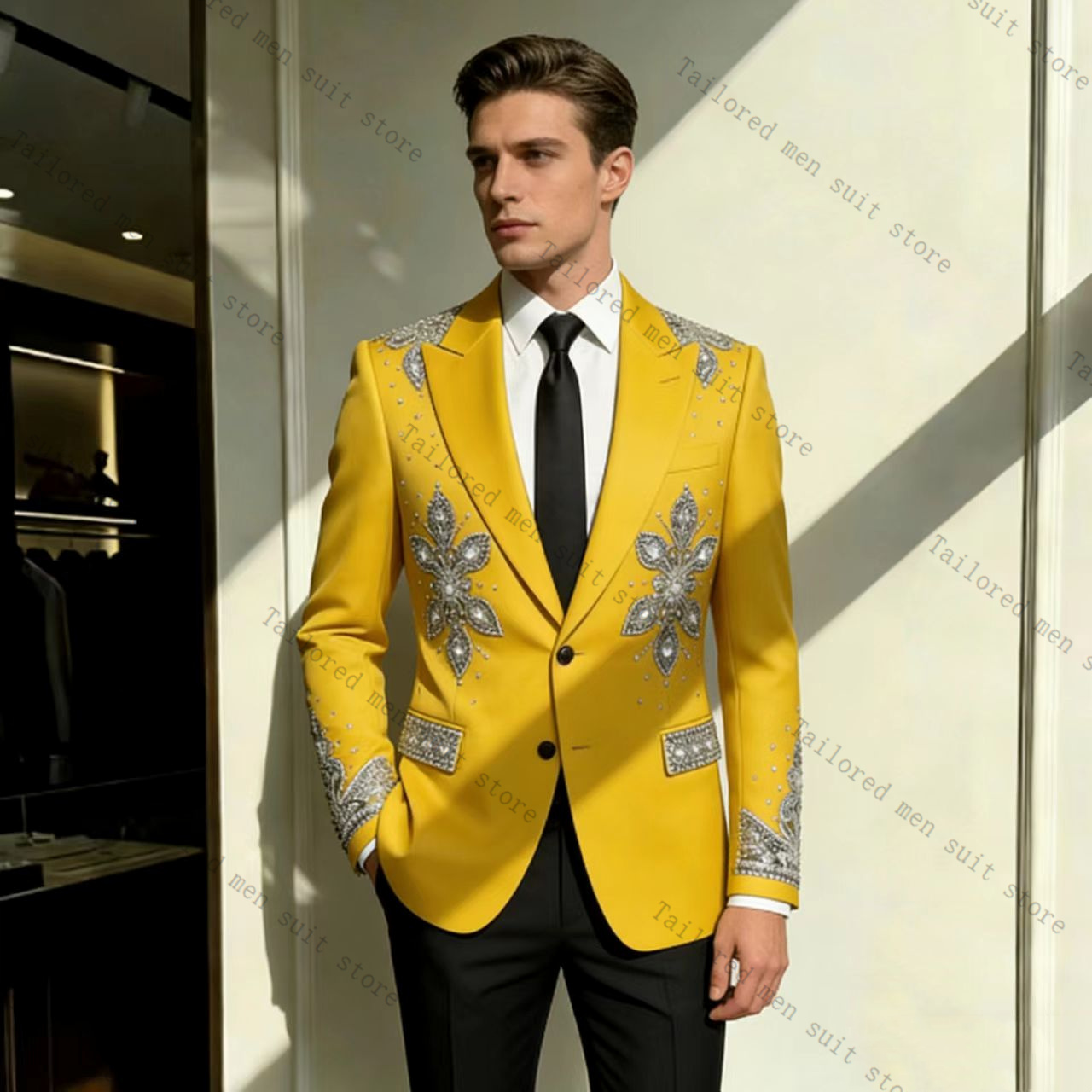Yellow Men Suits Pants Set 2 P - Formal Wear For Men Yellow 评论和价格