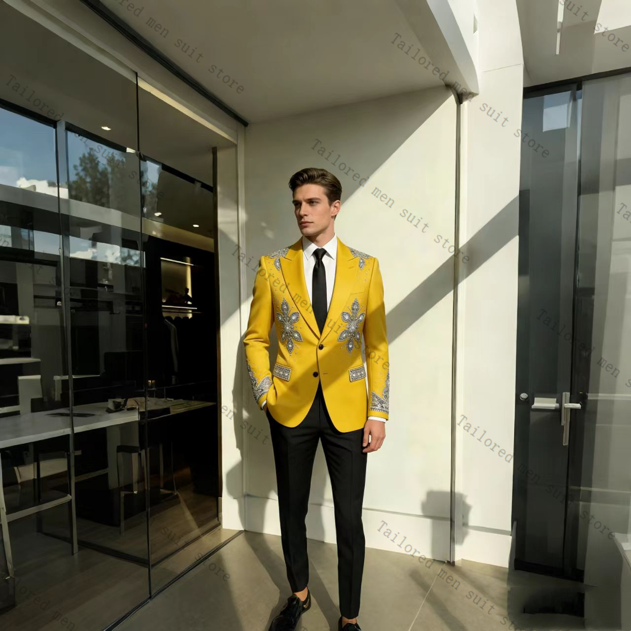 Yellow Men Suits Pants Set 2 P - Formal Wear For Men Yellow 评论和价格