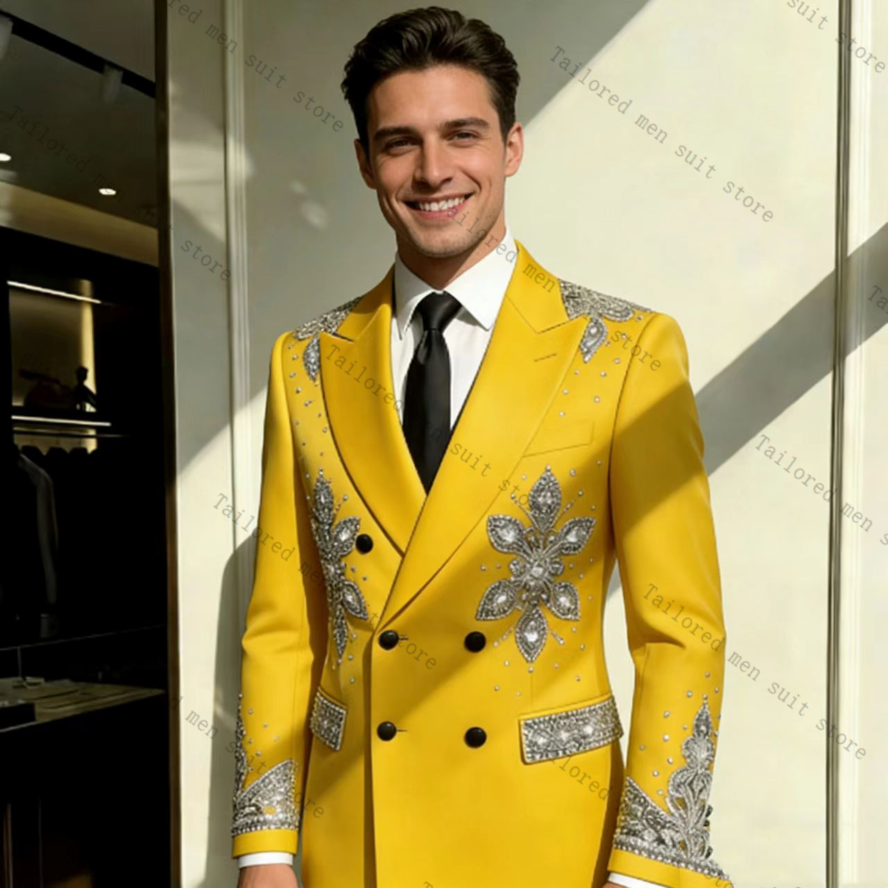 Yellow Men Suits Pants Set 2 P - Formal Wear For Men Yellow 评论和价格