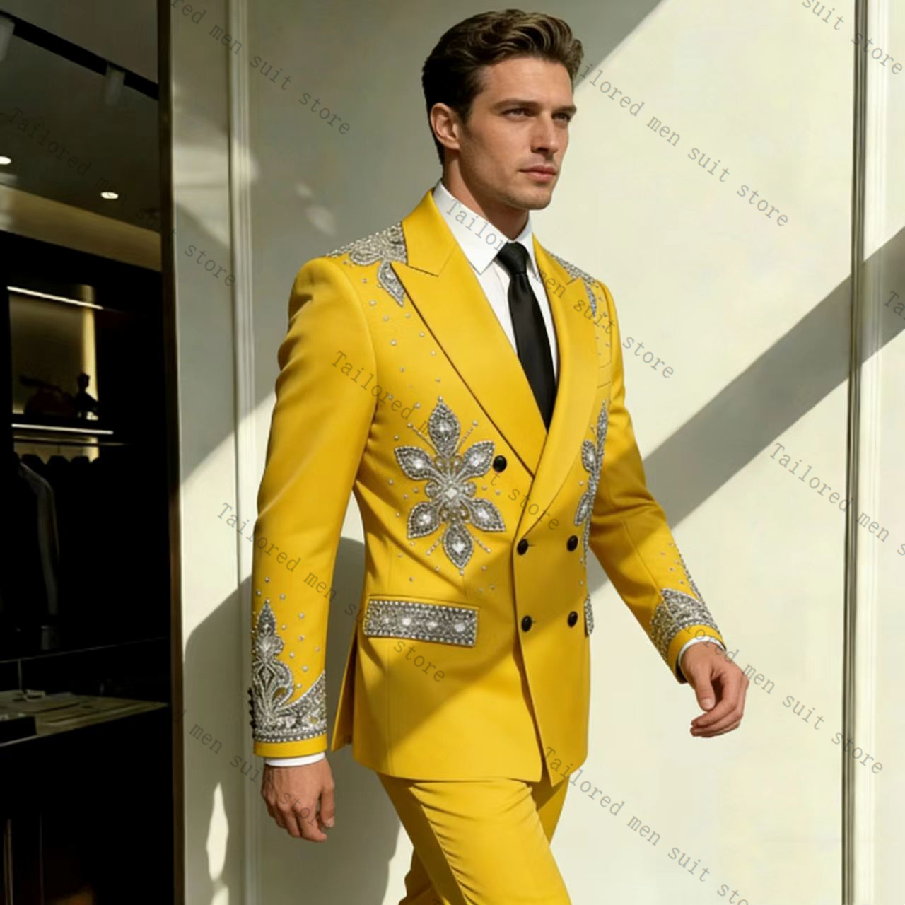Yellow Men Suits Pants Set 2 P - Formal Wear For Men Yellow 评论和价格