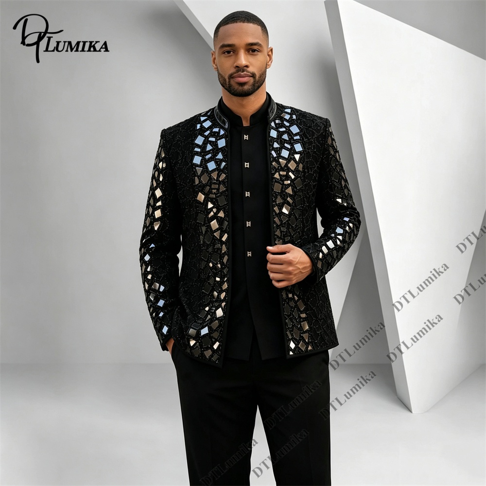 Men Black Mandarin Collar Suit - Men'S Formal Wear For Office 评论和价格
