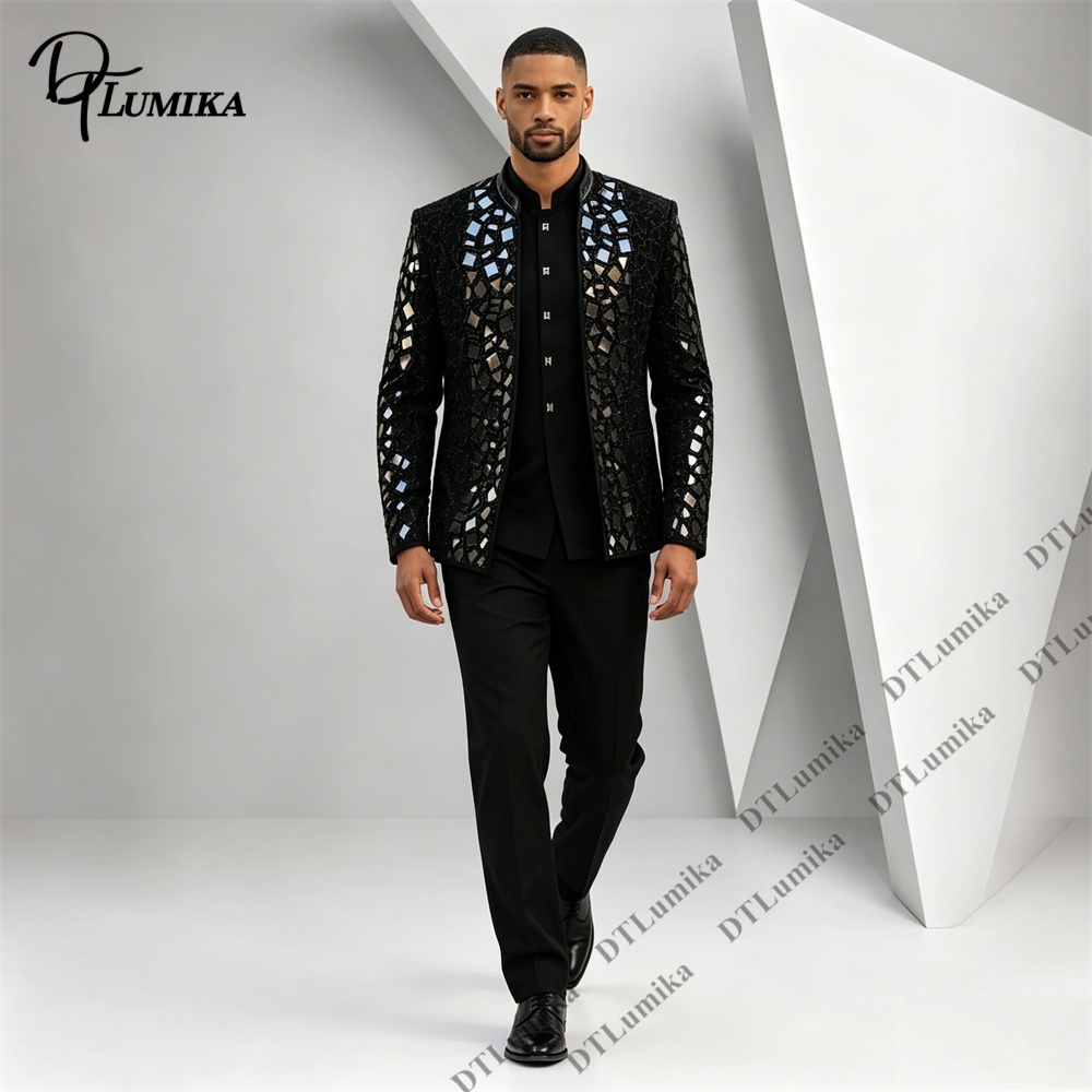 Men Black Mandarin Collar Suit - Men'S Formal Wear For Office 评论和价格
