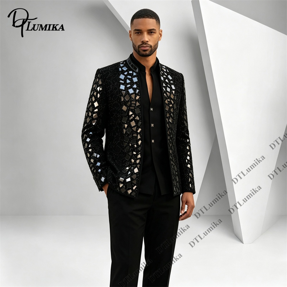 Men Black Mandarin Collar Suit - Men'S Formal Wear For Office 评论和价格